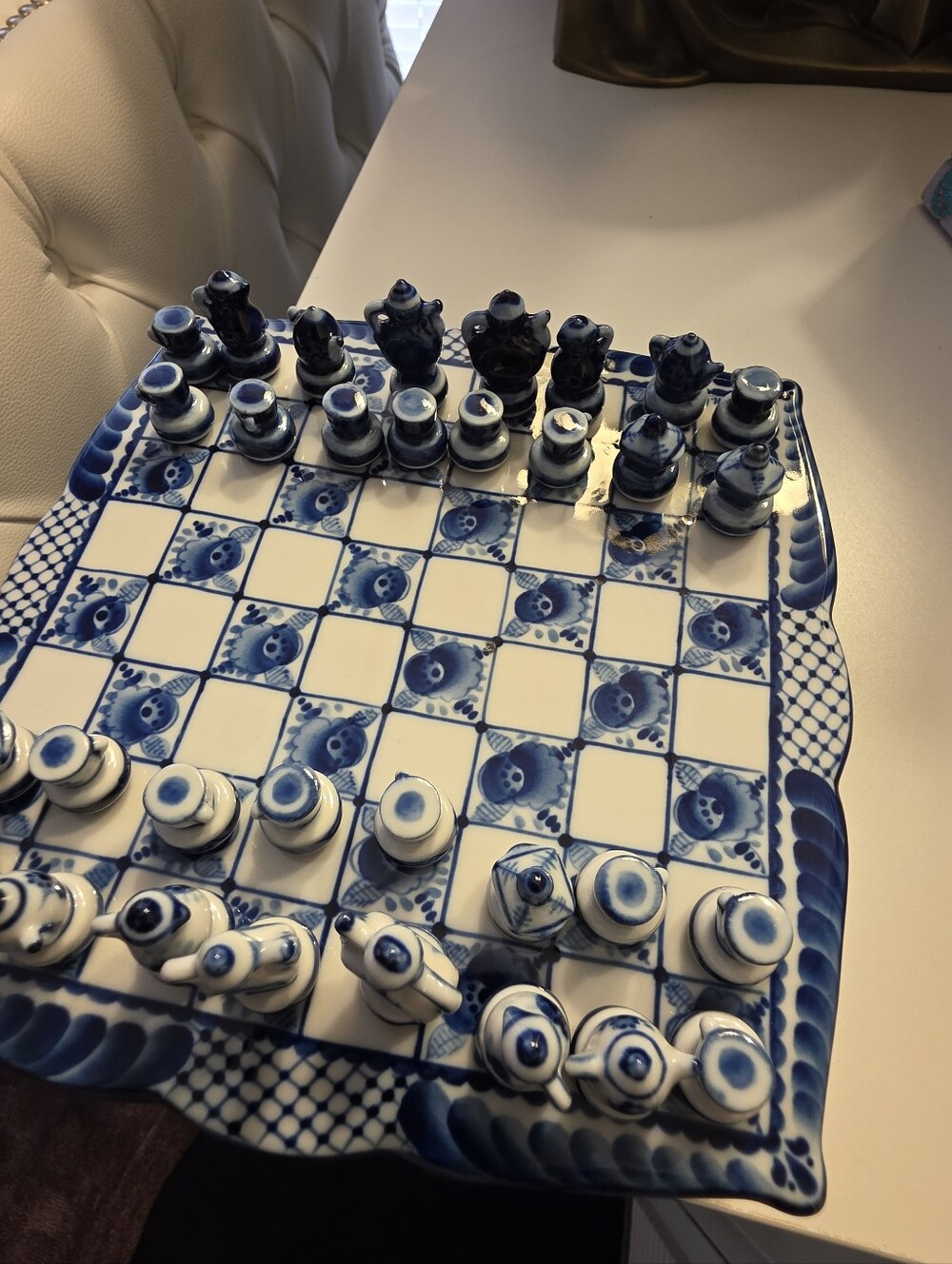 Blue and White Ceramic Chess Set - Porcelain Decorative Home Game